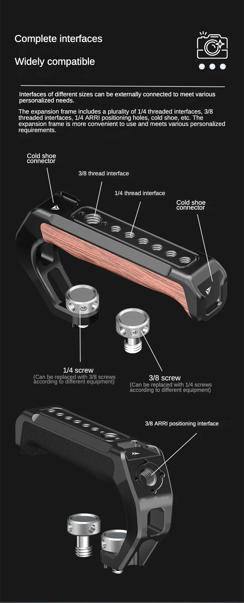 Camera Top Handle Handgrip with 3/8 Arri Locating Hole Cold Shoe Mount for Monitor Mic for Nikon Canon Sony DSLR Camera Cage Rig